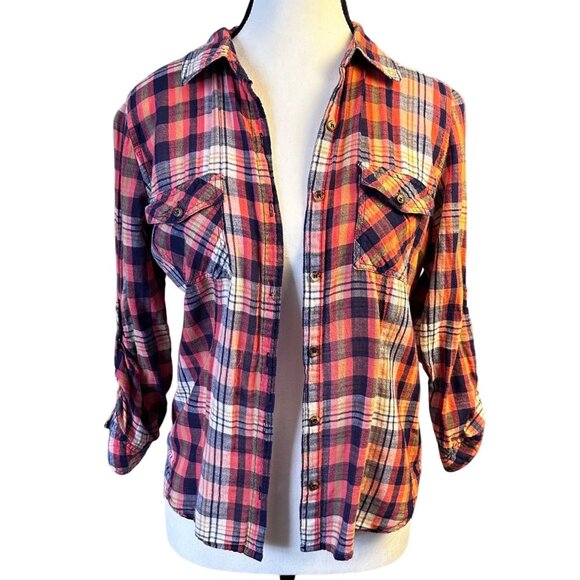 Forever 21 Womens Plaid Button-Up Shirt Sz M Coral & Navy Casual Western Top - Picture 8 of 9